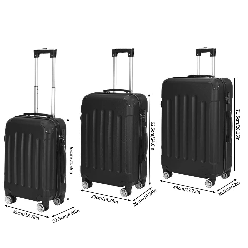 Comanlai 3Pcs Rolling Luggage Sets, Black Hard-shell Suitcases, Classical Striped Design, with 360° Universal Wheels, TSA Lock and Telescopic Handle,  for Business Outdoor Travelling
