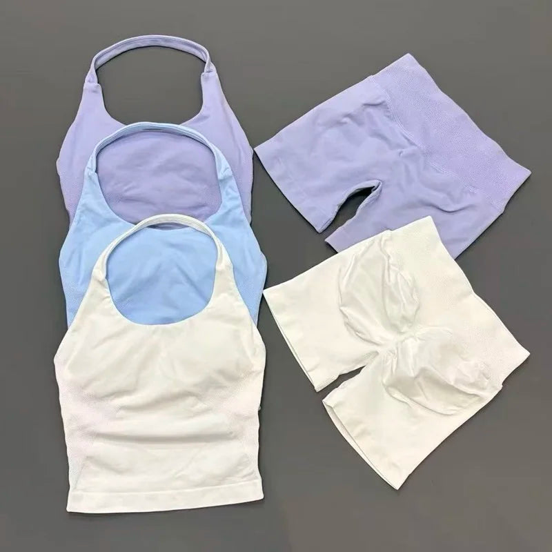 2pcs Sports Set Women Backless Tank Tops High Waist Scrunch Seamless Shorts Fitness Clothes Activewear Workout Sets Gym Suit Main image