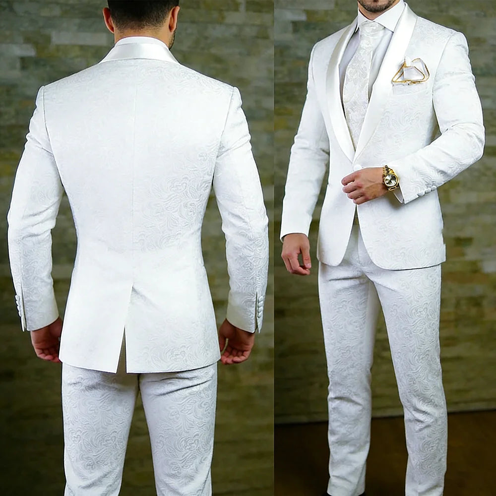 Elegant White Jacquard Fabric Men's Suits In Stock Formal One-Button Slim Fit Back Vent Shawl Lapel 2 Piece Jacket Pants Blazer