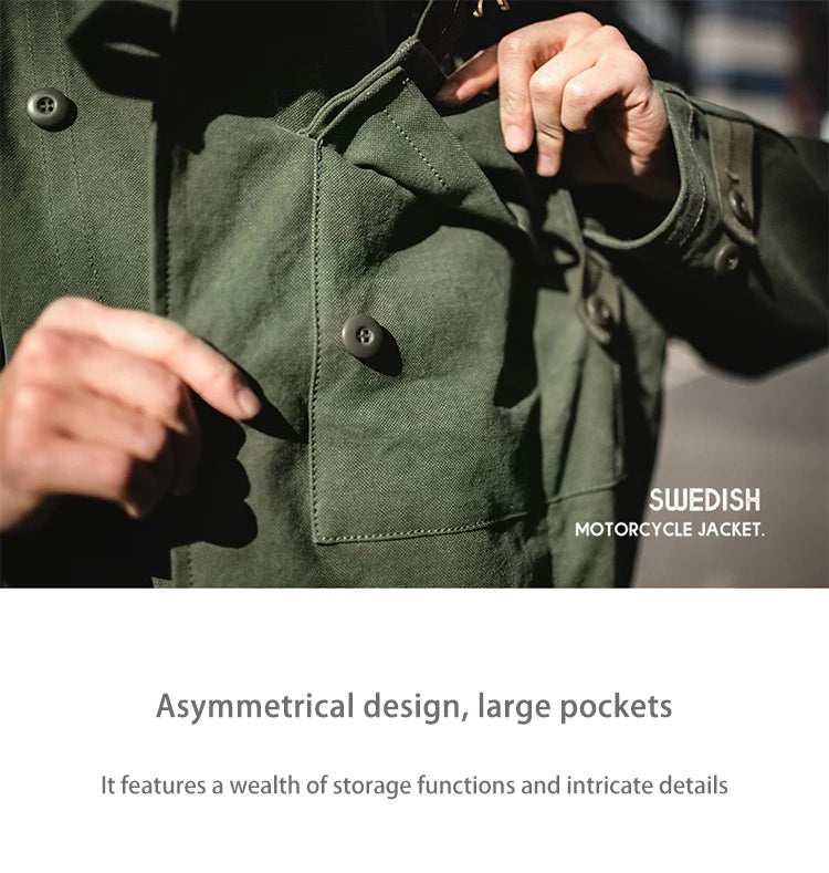 Swedish motorcycle jacket, men's retro military green casual cropped jacket, 100% cotton canvas workwear asymmetric safari style