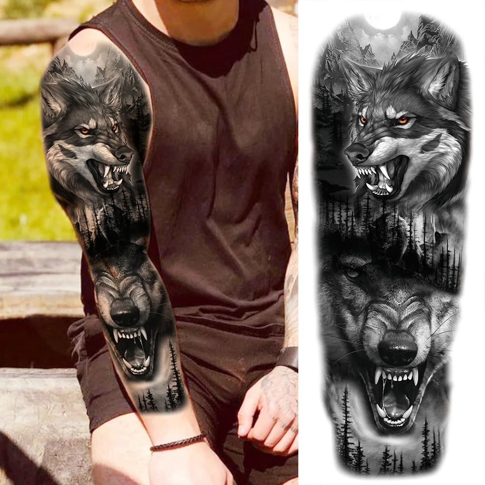 1 Sheet Full Arm Compass Zeus Skull Tiger Lion Flower Temporary Tattoos Sleeve For Men Women Adults Fake Temp Sticker Tattoo