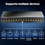 AMPCOM Network Switch 16 Ports Switch Ethernet 1000Mbps Gigabit High Performance Smart Switcher RJ45 Hub Internet Injector
