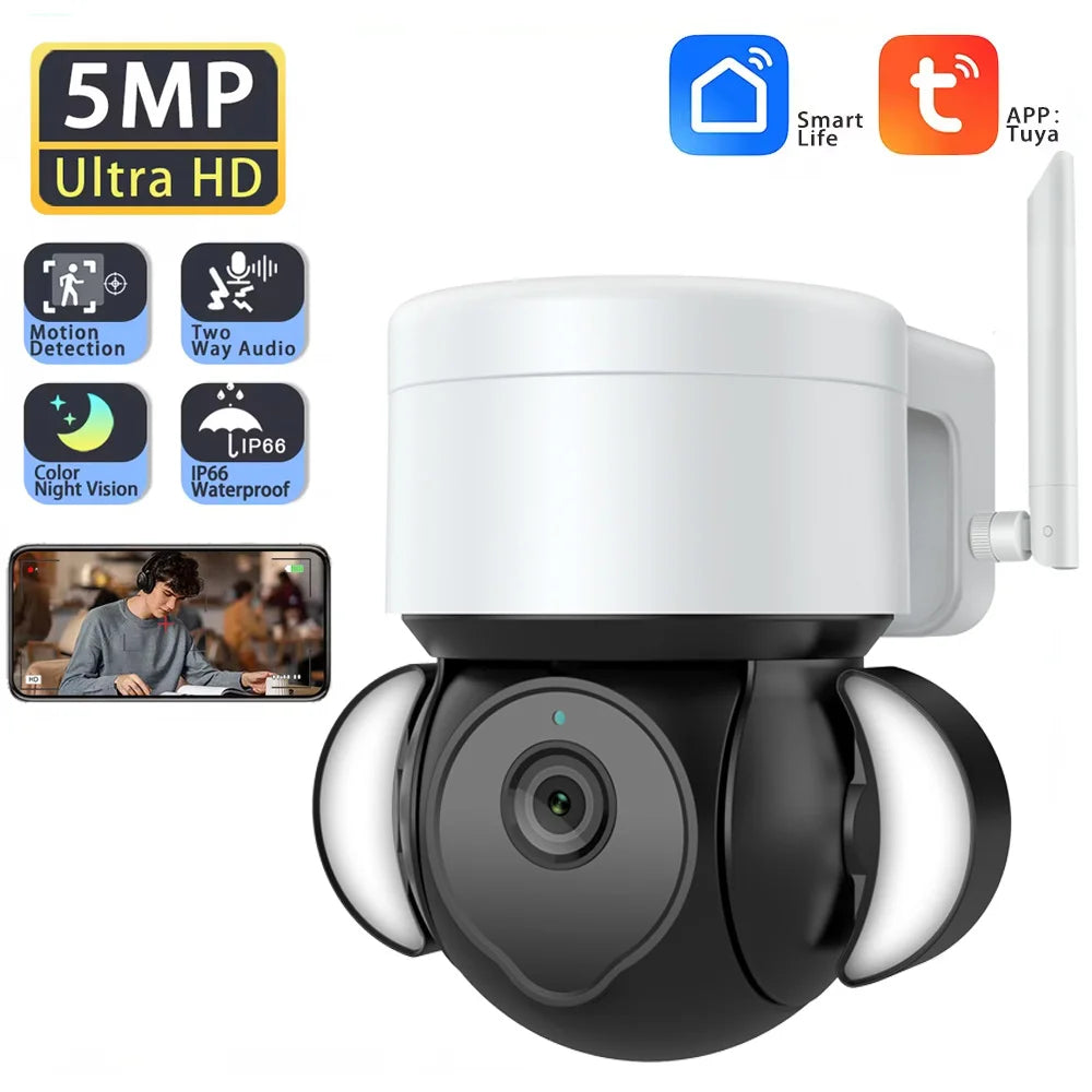 5MP Security Camera Outdoor Wireless 2.4G WIFI PTZ Auto Tracking Cameras Floodlight Color Night Vision IP66 Waterproof Two Way Audio Surveillance Cam Main image