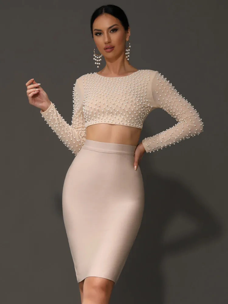 Sexy O Neck Long Sleeve Mesh Pearl Beige Black Celebrity Midi Women Bandage Set 2024 Designer Evening Party Women's Set Main image