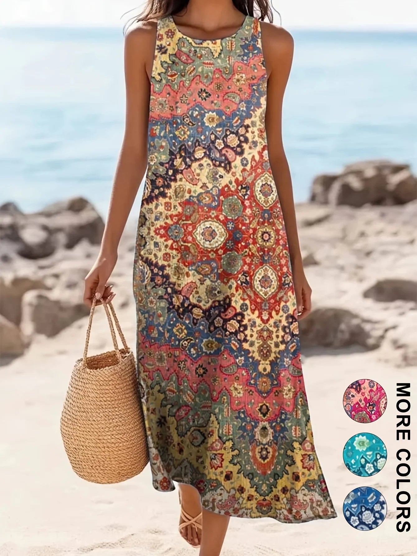 2026 Women's sleeveless Bohemian floral casual beach MIDI sundress with pockets flowing and loose Sweetheart Rustic Country Main image
