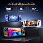 K56 Android 14 portable gaming console with 5.5-inch touchscreen and over 50 retro video game emulators for DC/MAME/SS