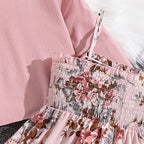 Kid Girl Long Sleeve Bow Design Coat & Beige All Print Shirred-Bodice Sling Dress Set Cute Sweet Elegant Princess Dress For Kids