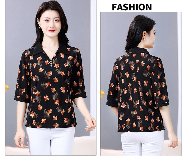 Summer half sleeve Shirt Fashion Commute All-match Ice Silk Printed Button Loose Women's Blouses Top