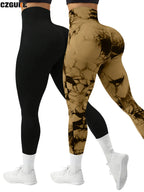 CZGUKE 2-piece women's tie dye pants sports leggings seamless high waisted push ups women's fitness and exercise clothes