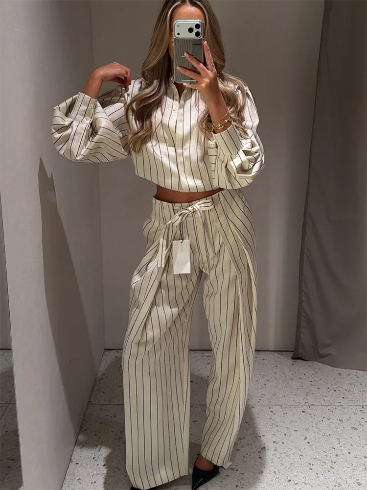 HH Women 2026 New Fashion Versatile Beige Striped Puffy Sleeve Shirt+High Waisted Loose Pleated Casual Long Pants Two Piece  Set Main image