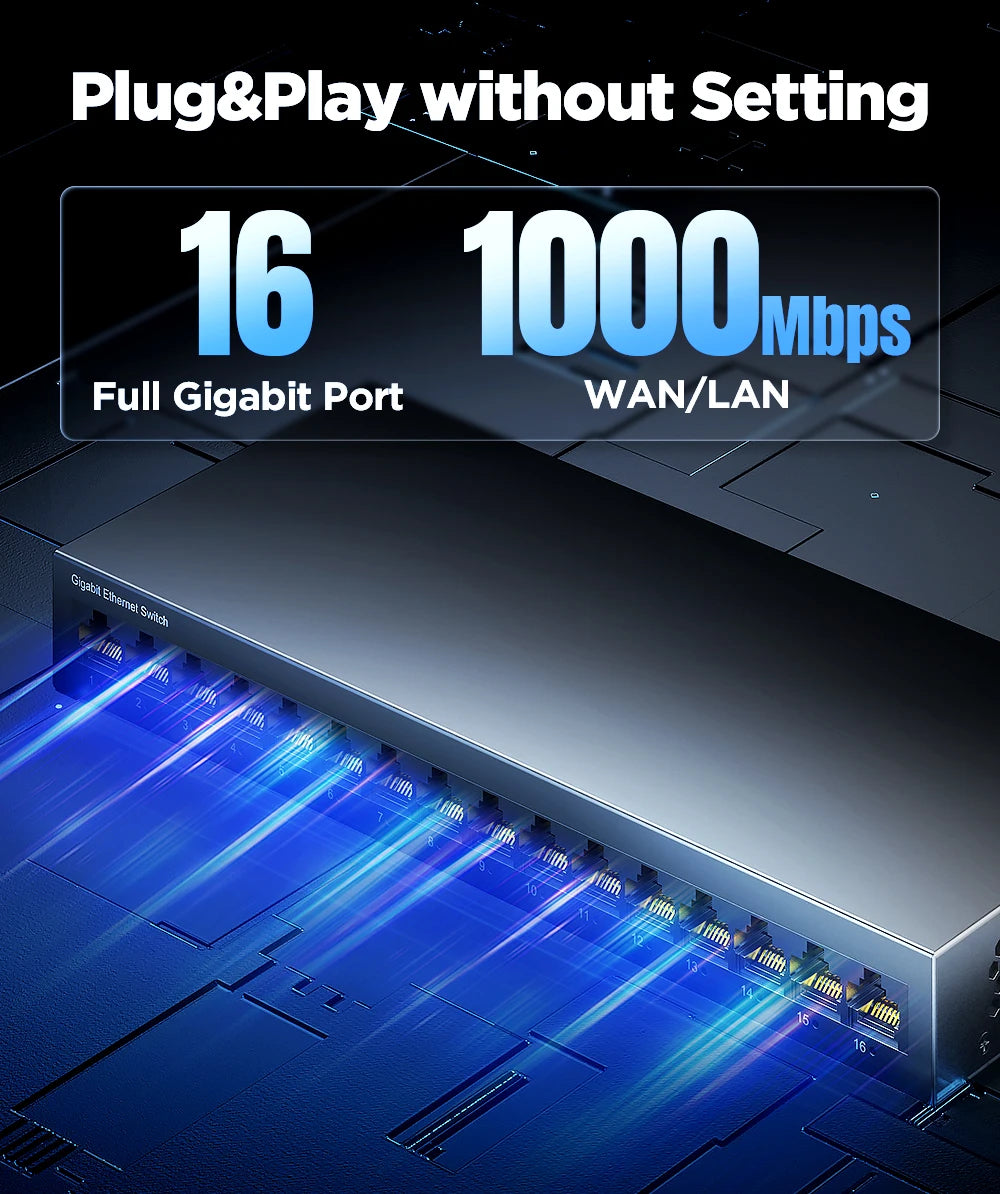 AMPCOM Network Switch 16 Ports Switch Ethernet 1000Mbps Gigabit High Performance Smart Switcher RJ45 Hub Internet Injector