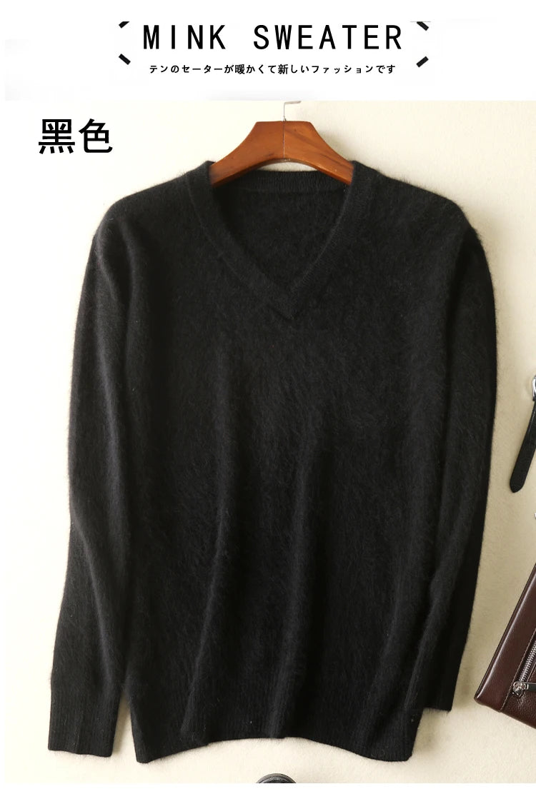 LHZSYY Men's 100% Mink Cashmere Large Size Sweaters Autumn Winter Solid V-neck Casual Knit Pullovers Men Long Sleeve Warm Jumper