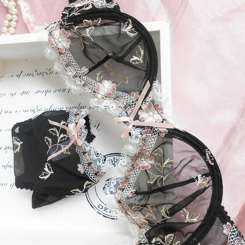 French Style Minimiser Bra Set | Big Size Unpadded Lace Half Cup, Large Cup Thin Anti-Sagging Sheer Lingerie Set BANERDANNI Bras