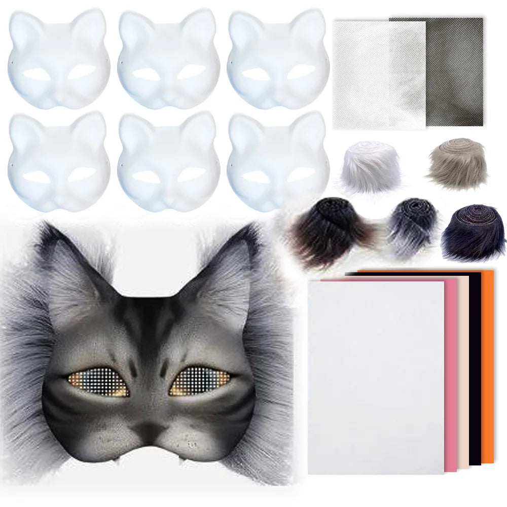 Cross-border Hot-selling New Gray-haired Dumb White Cat Set Plush Sticky PVC Hand-painted DIY Mask Main image