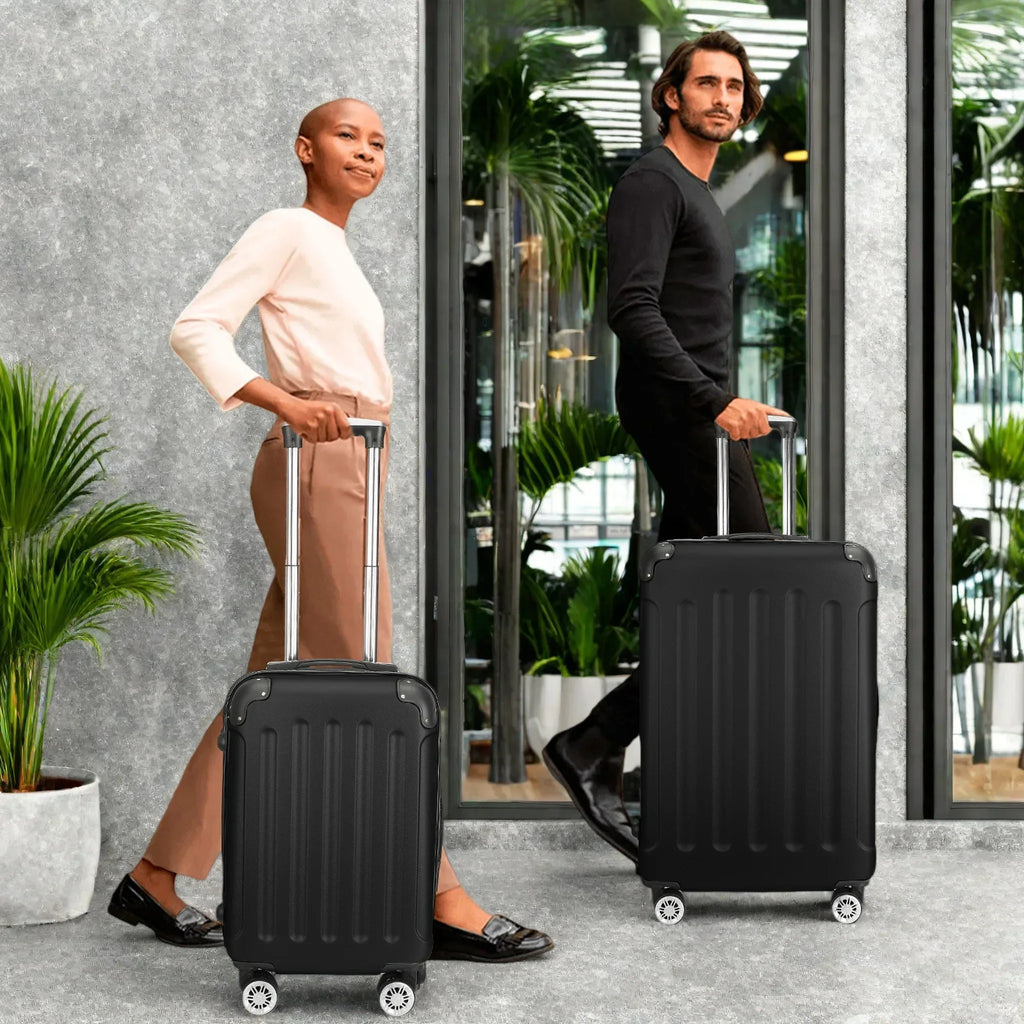 Comanlai 3Pcs Rolling Luggage Sets, Black Hard-shell Suitcases, Classical Striped Design, with 360° Universal Wheels, TSA Lock and Telescopic Handle,  for Business Outdoor Travelling