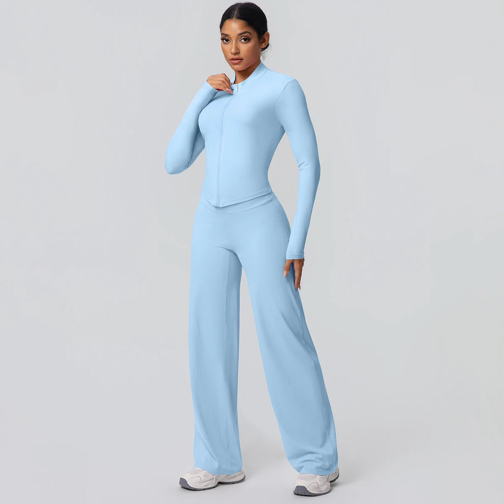 2pieces Quick Drying Sports Fitness Clothing Yoga Set Women Yoga Zipper Long Dleeves High Waisted Breathable Wide Leg Pants Set