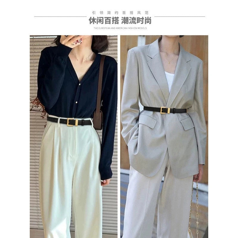 Ladies leather belt; cowhide versatile decoration for suit waist belt; retro simple high-end black ins style denim belt.