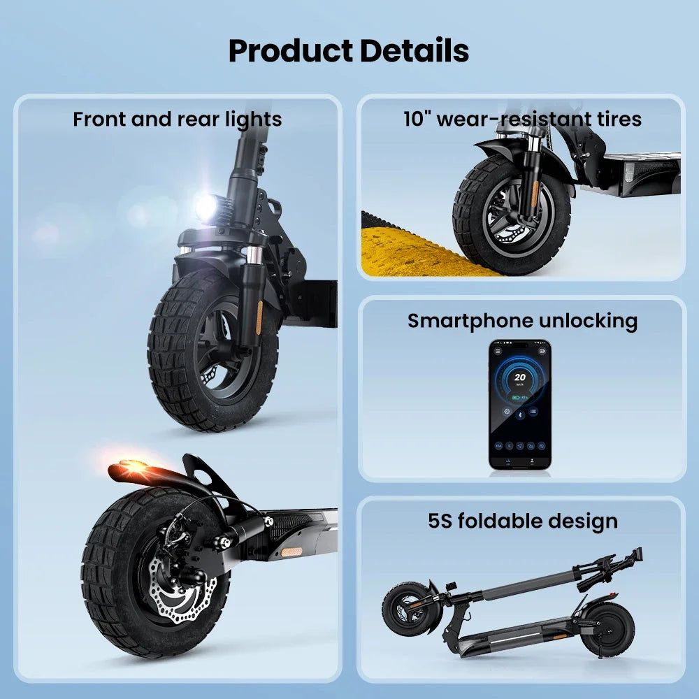 iScooter W9 Electric Scooter for Adults 1000W Motor 48V14AH Battery Foldable E-scooter 10 Inch Tire All-Terrain EScooter