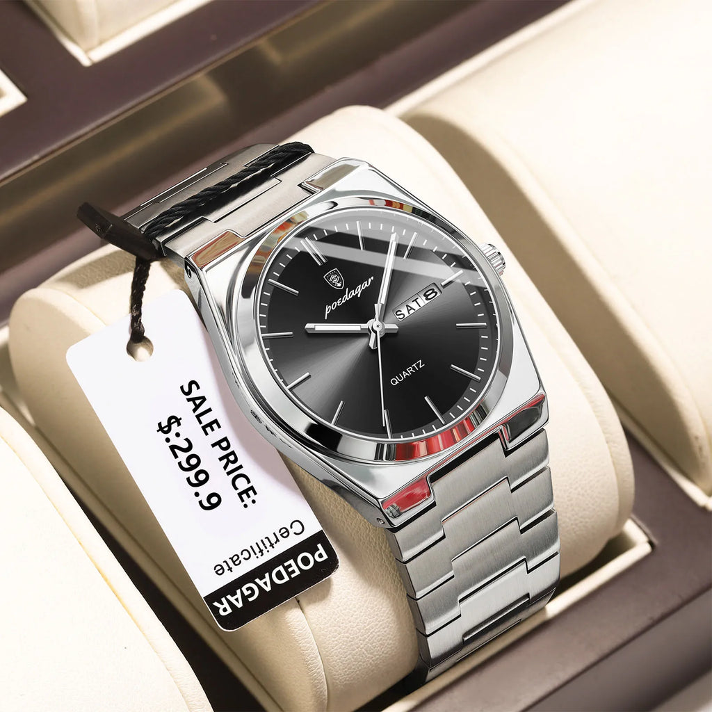 POEDAGAR Luxury Men's Watches Waterproof Luminous Date Week Men Watch Stainless Steel Casual Fashion Quartz Man Wristwatch Reloj