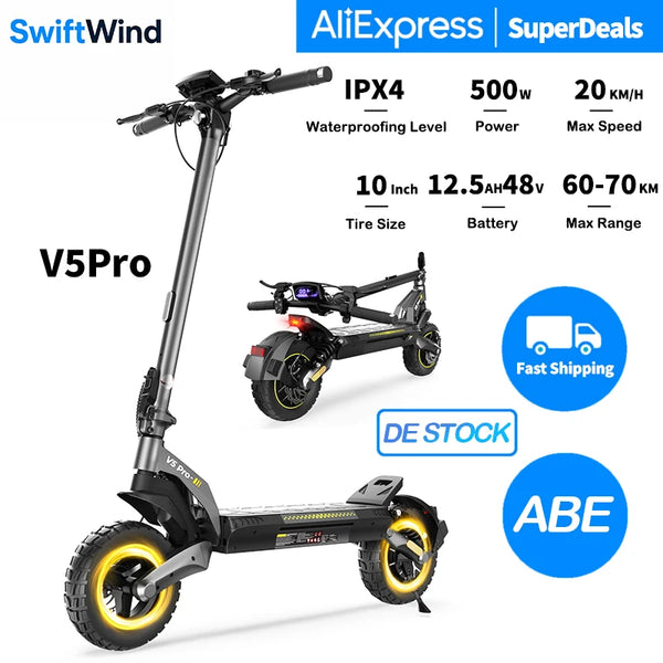 V5Pro Offroad E Scooter 10 Zoll ABE zertifiziert 500W 48V12.5Ah Geländereifen Dual Federung E Bremse Voltix APP Deutschland