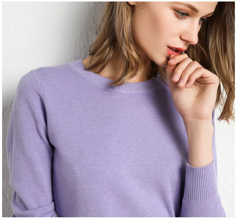 Women Slim O-Neck Pullover Cashmere Wool Blending Sweater Autumn And Winter Long-Sleeved Knit Bottoming Shirt Large Size 2024