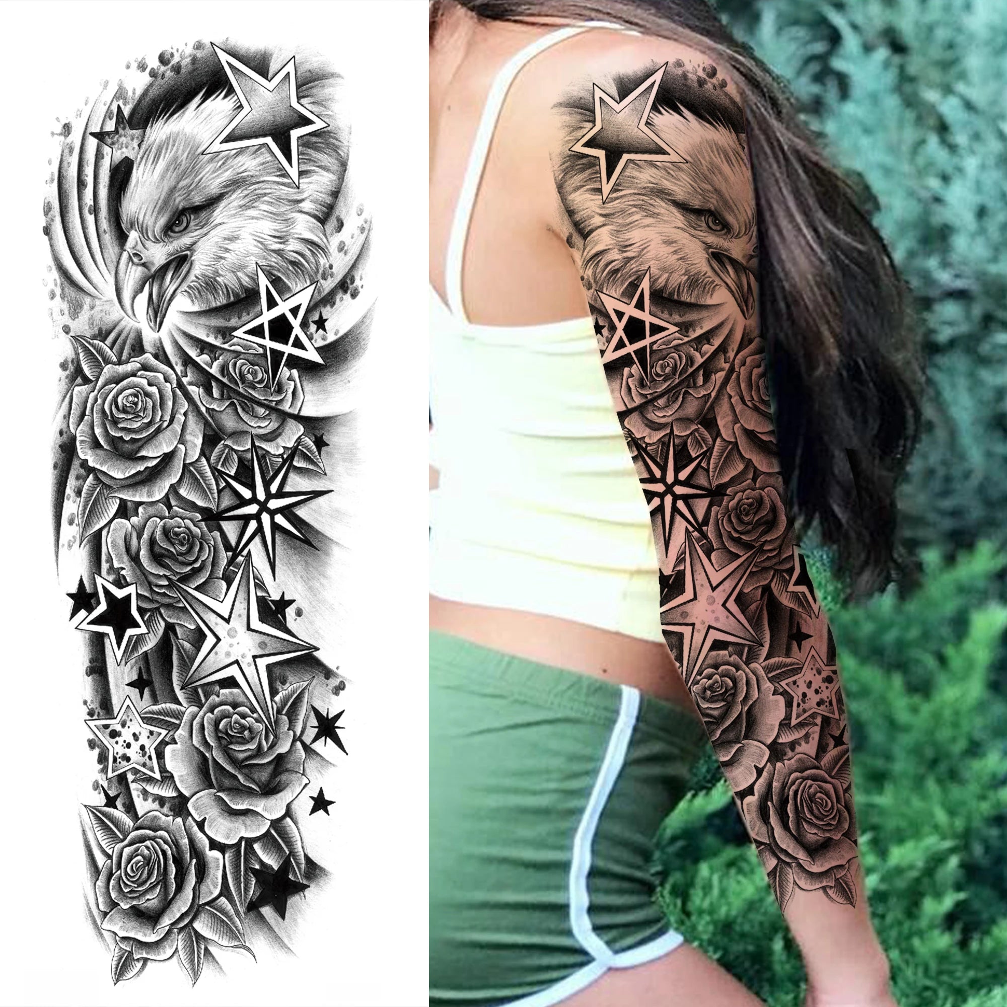 1 Sheet Full Arm Compass Zeus Skull Tiger Lion Flower Temporary Tattoos Sleeve For Men Women Adults Fake Temp Sticker Tattoo