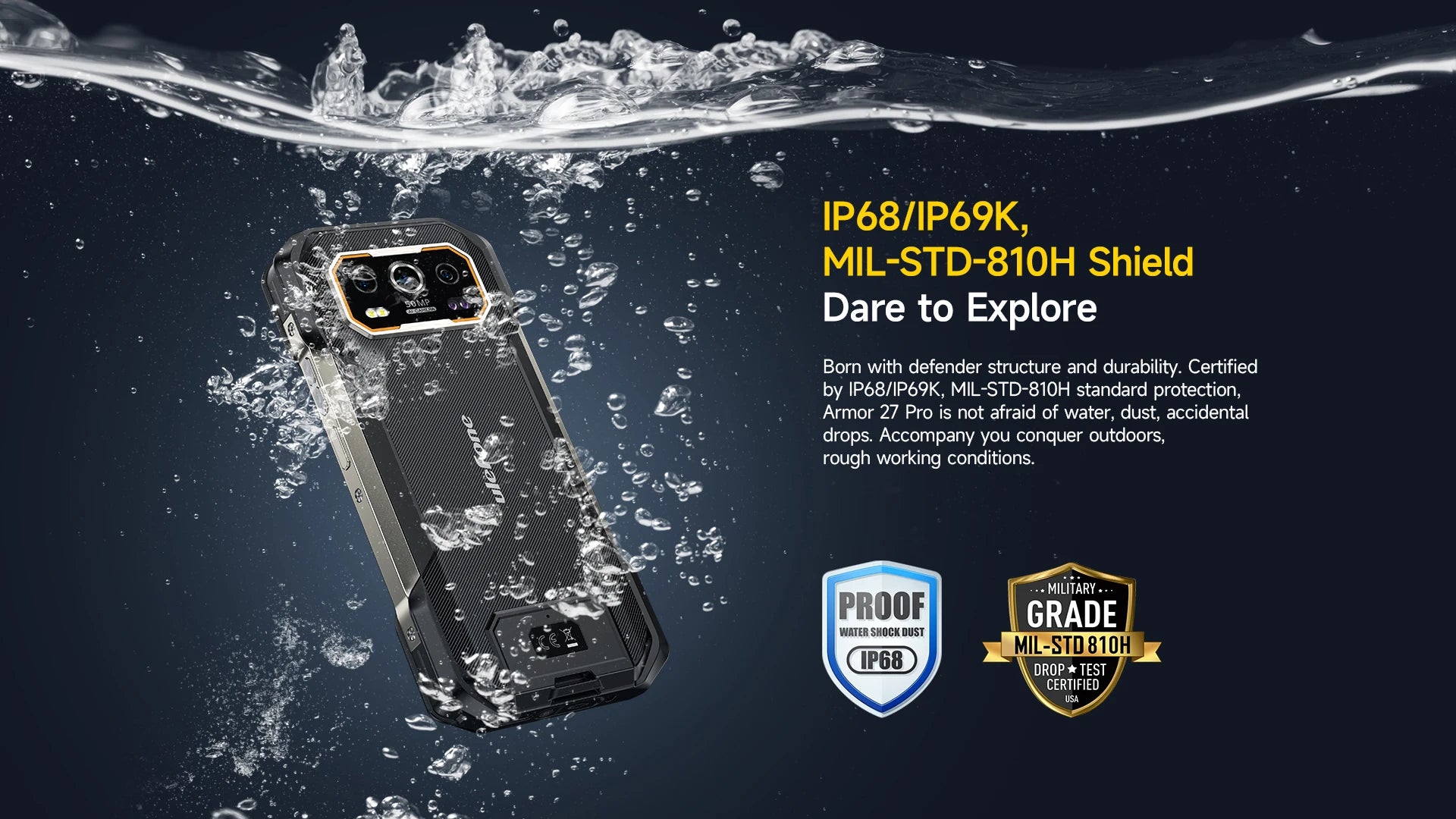 Ulefone Armor 27 Pro 5G Rugged Phone 10600mAh Smartphone 50MP Camera 64MP Night Android 15 Up to 24GB+256GB NFC Waterproof Phone