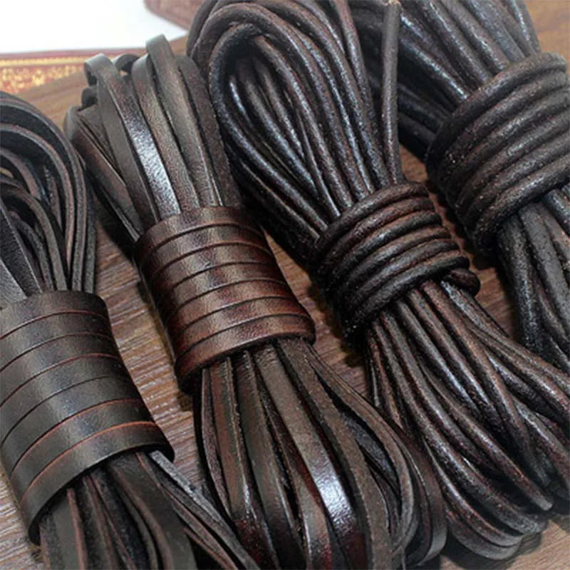 2 Meters Retro High Quality Genuine Leather Cord 1.5-10mm Round/Flat Strand Cow Leather Rope Fit Necklace Bracelets DIY Jewelry Main image