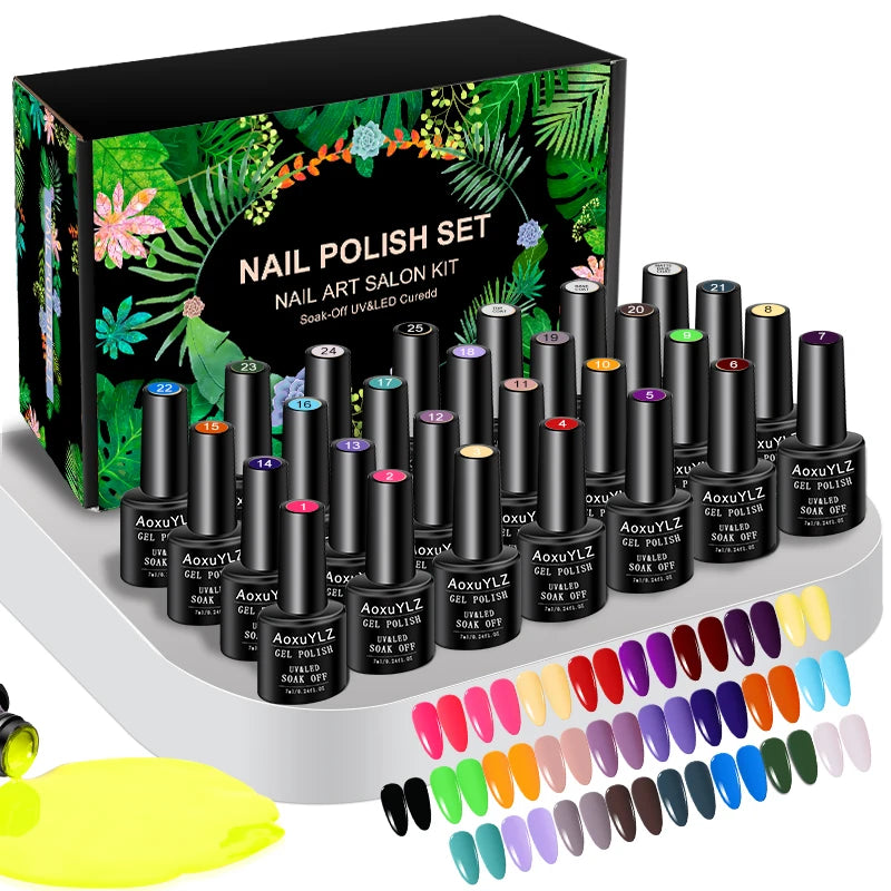 28Pcs/Set Gel Nail Polish Set Glass bottle Soak Off UV Gel Varnish Red Pink Colorful Gel Polish Matte Top Base Coat Nail Gel Kit