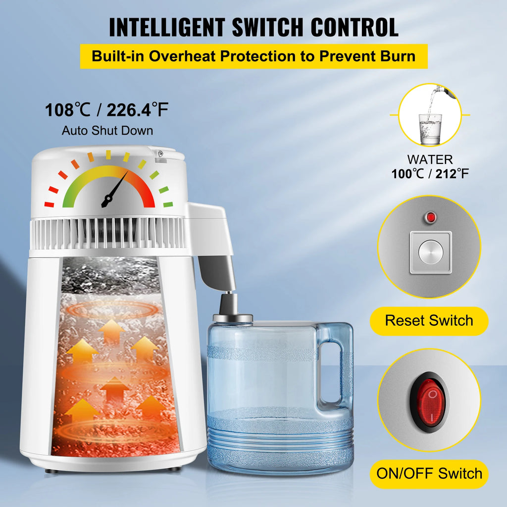 SucceBuy 4L Water Distiller Purifier Filter Dispenser Heating Drinking Bottle Softener 304 Stainless Steel Home Appliance