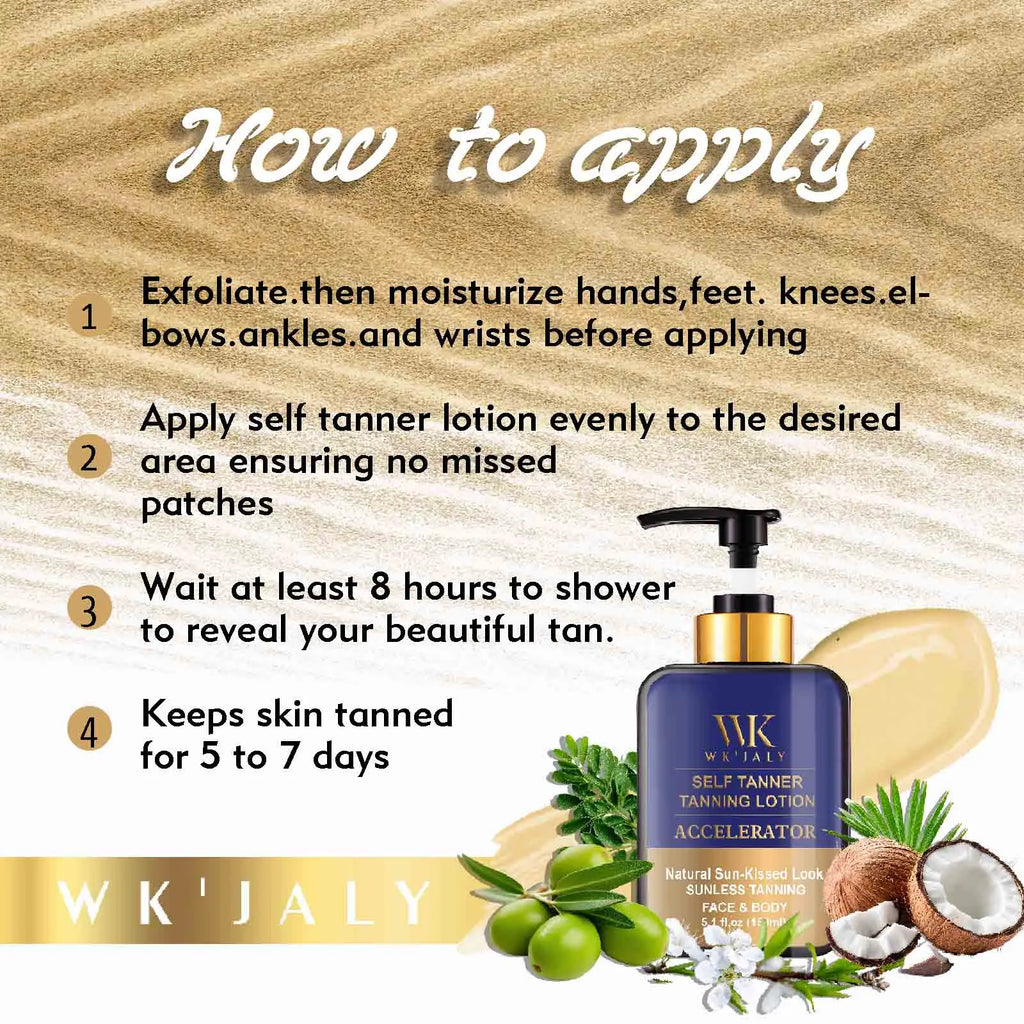 WK JALY Self Tanner Body Lotion, Fair To Medium Skin Tone, Sunless Tanning Moisturizer With Coconut Oil, Carrot Oil, Shea Butter