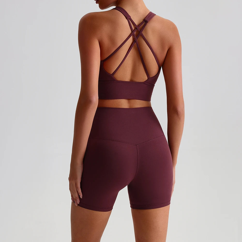 Buttery Soft Nylon Yoga Set Crisscross Back Sports Bra High Waist Biker Shorts 2 Piece Gym Set Workout Outfit Women Activewear Secondary image