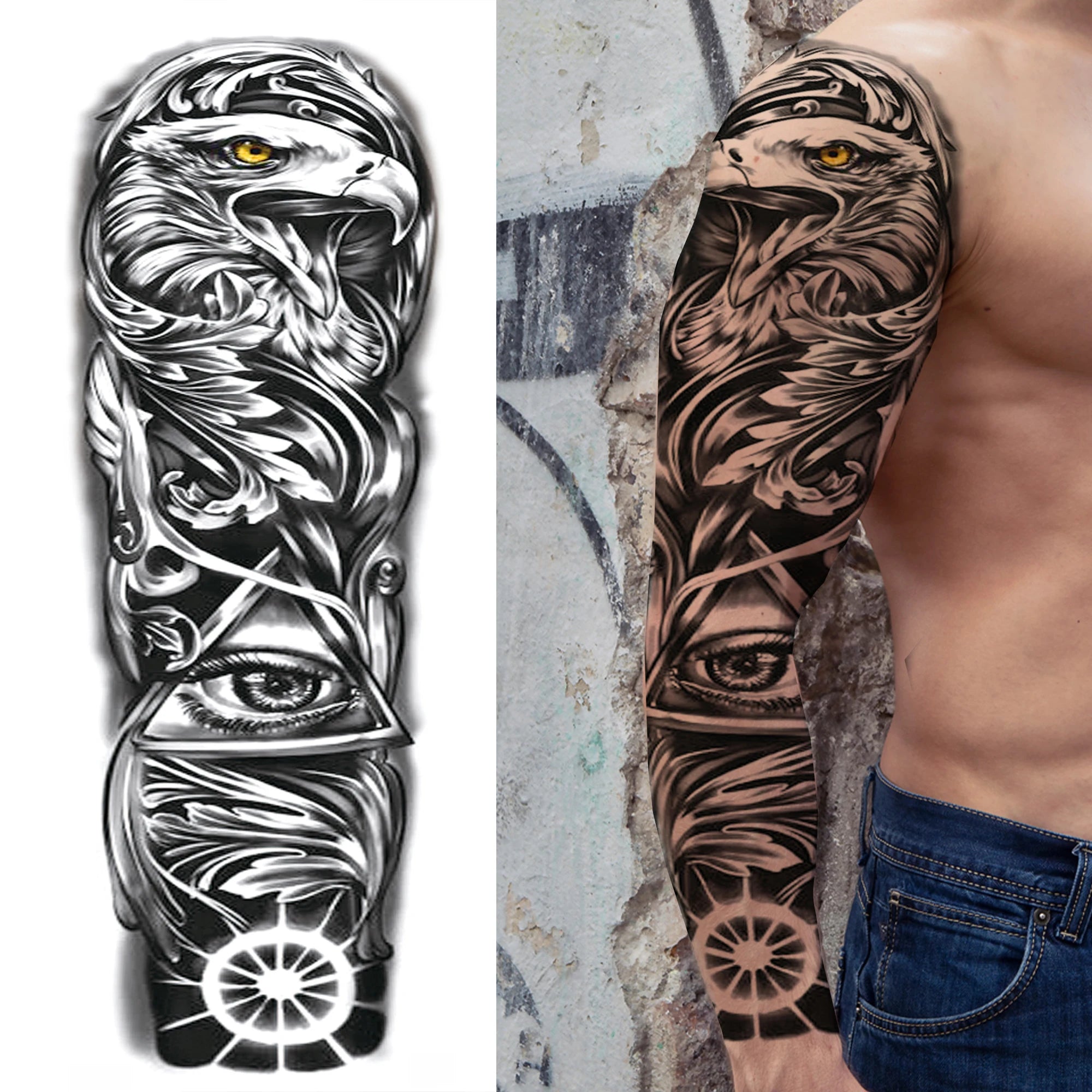 1 Sheet Full Arm Compass Zeus Skull Tiger Lion Flower Temporary Tattoos Sleeve For Men Women Adults Fake Temp Sticker Tattoo