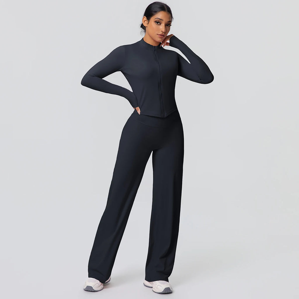 2pieces Quick Drying Sports Fitness Clothing Yoga Set Women Yoga Zipper Long Dleeves High Waisted Breathable Wide Leg Pants Set