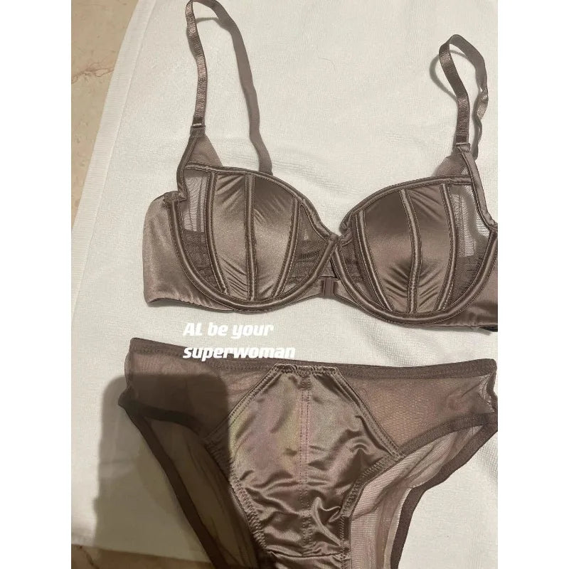Front Buckle Push Up Bra for Women Lingerie Set Sexy Satin Mesh Semi-Cup Wireless Lift Bra Set with Adjustable Straps S-XL Size Secondary image