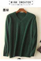 LHZSYY Men's 100% Mink Cashmere Large Size Sweaters Autumn Winter Solid V-neck Casual Knit Pullovers Men Long Sleeve Warm Jumper