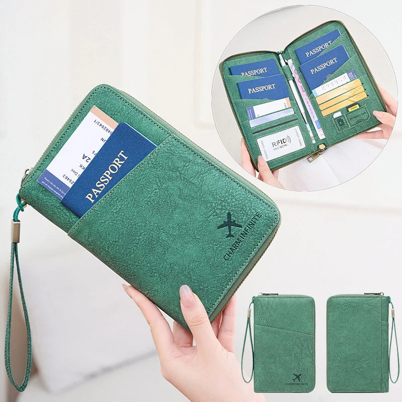 Multi-Functional RFID Blocking Passport Bag Travel Document Holder with Long Zipper Ticket Storage Wallet for Multiple Passports Main image