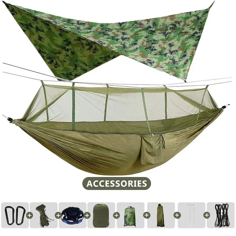 260x140cm Camping Hammock Double Size Parachute with Mosquito Net Rain Fly Tarp Lightweight for Hiking Travel