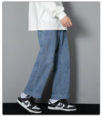 2026 New Korean Men's Casual Long Jeans Classic Man Straight Denim Wide-leg Pants Solid Color Light Blue Grey Black