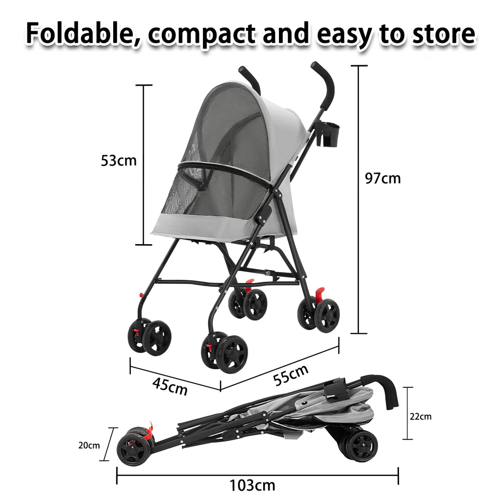 Animals stroller for small dogs and cats, foldable, with cup holder, 4 wheels, breathable mesh, large capacity, gray/blue/pink/black