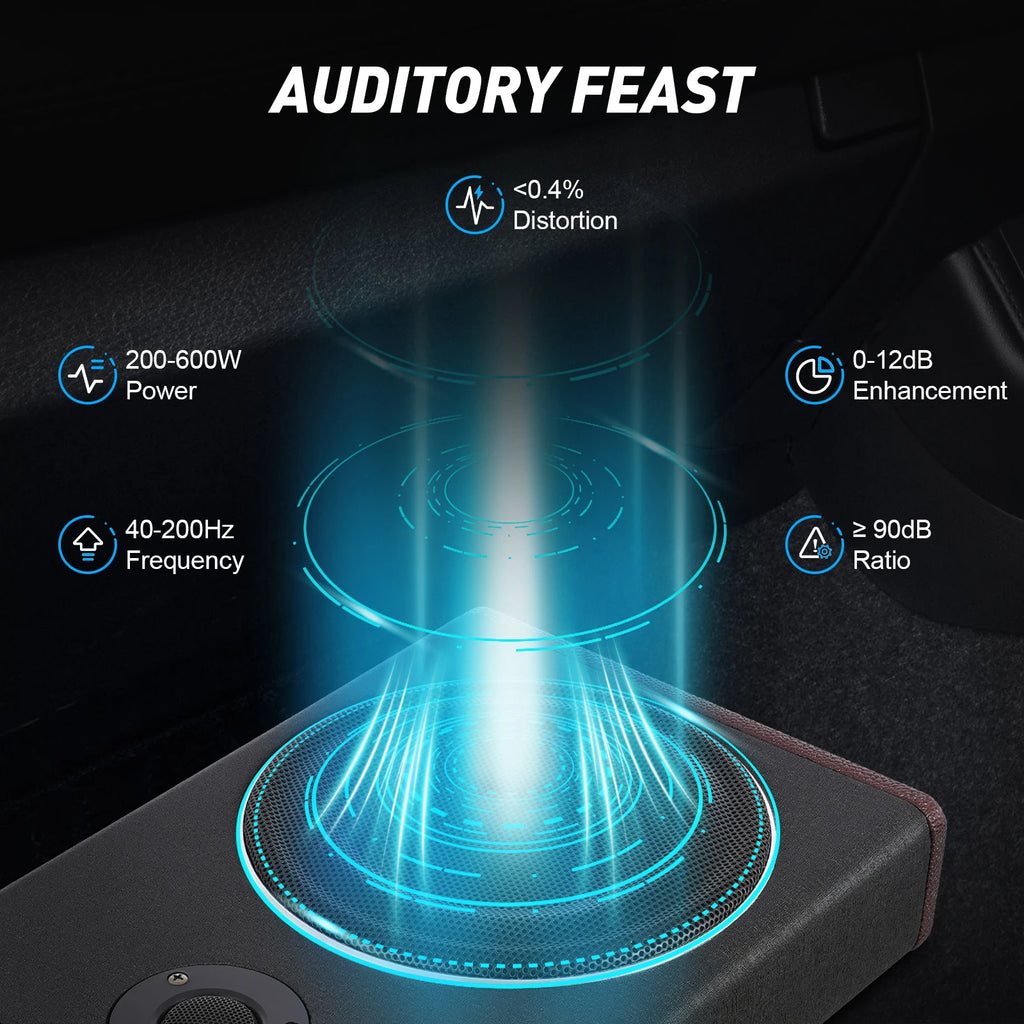 8 Inch Ultra Slim Car Subwoofer Under Seat 12V 600W Car Active Subwoofer Compact Car Bass Audio Car Stereo Amplifier Speaker