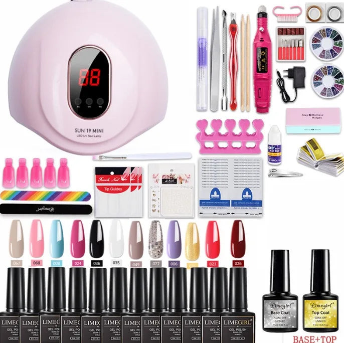 20-Color Nail Art Kit with LED Light Nail File Polishing Machine Glitter Diamond Tools Set for Professional And Home Use