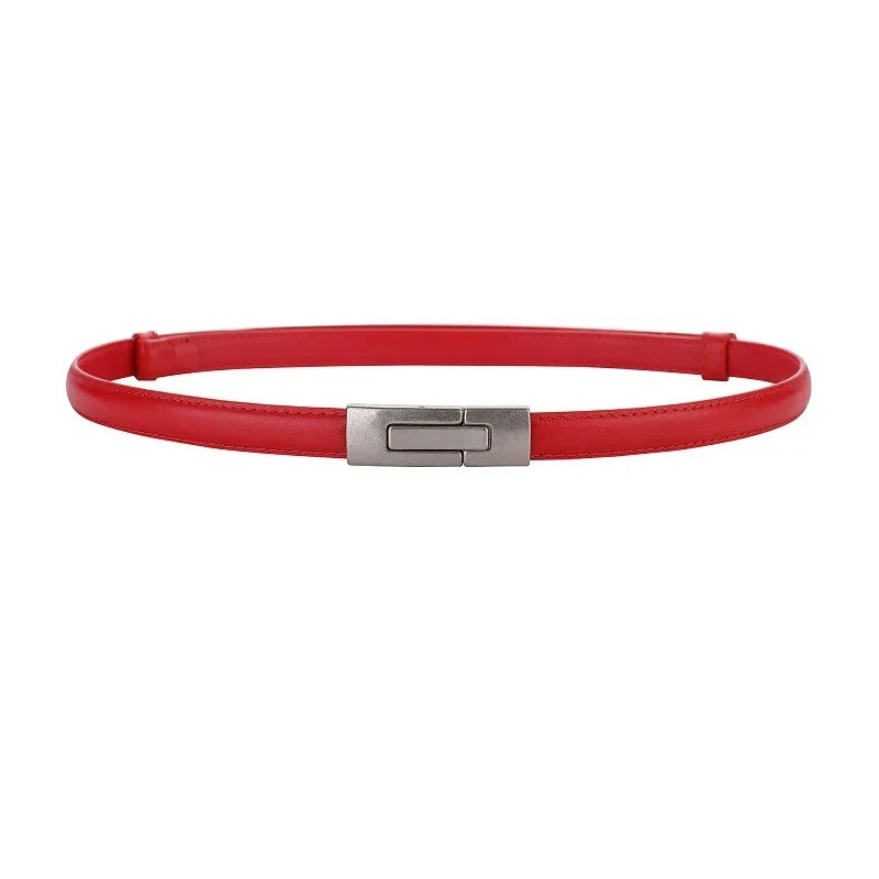 Adjustable Women’s Skinny Thin Belt, Classic Solid Color Genuine Leather Waistband for Trendy Coats and Dresses