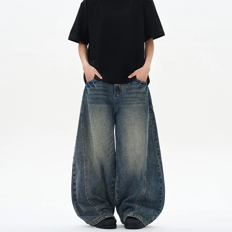 2025 Spring New Men's Jeans Oversized Wide Leg Pants Loose Vintage Patchwork Lightning Cracked Denim Trousers Streetwear Male Main image