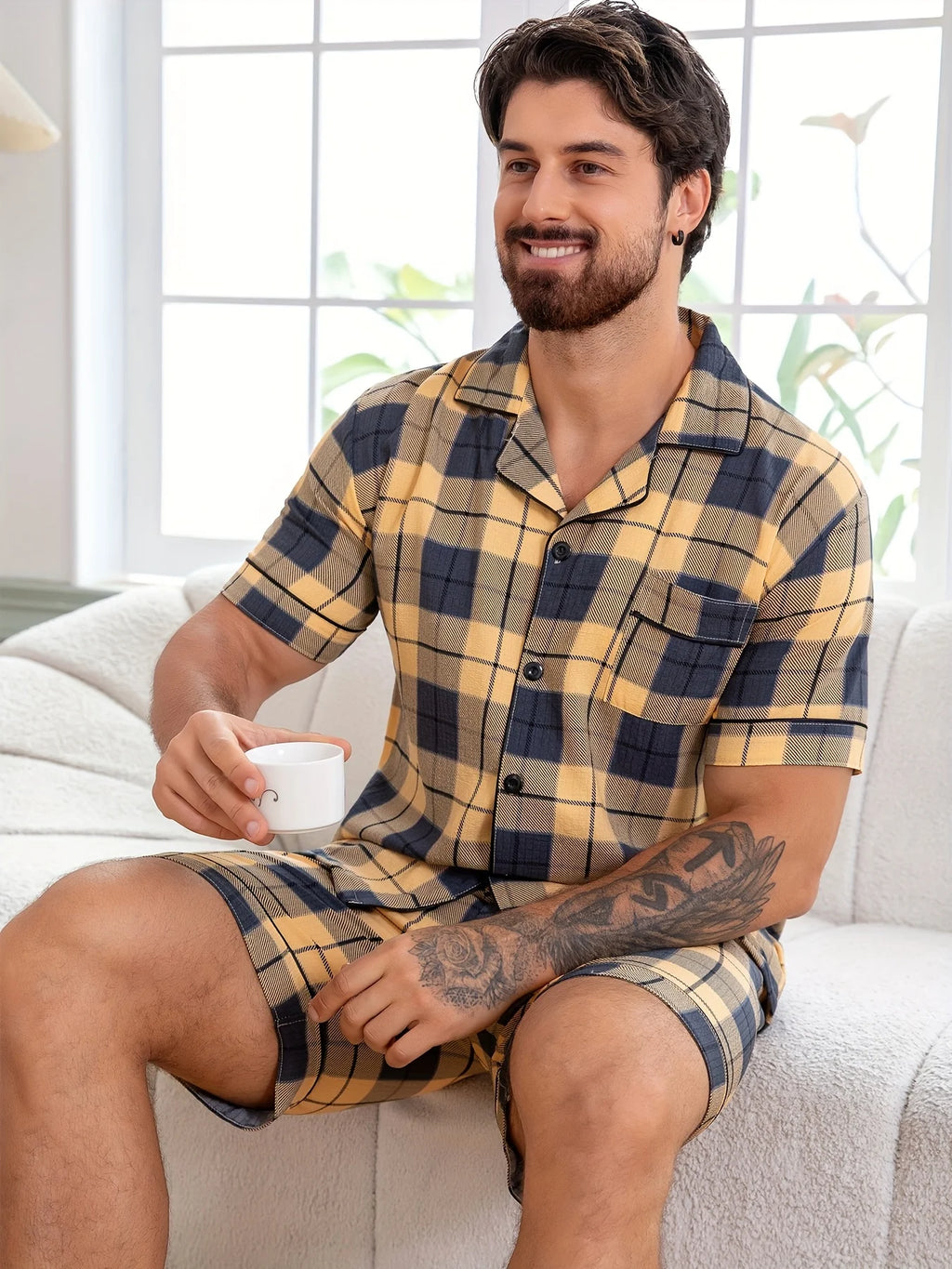 Men's Short-sleeved Pajamas Set - 2 Piece Set Plaid Casual Summer Loungewear with Pocket V-neck Light and Thin Men's Pajamas Pjs