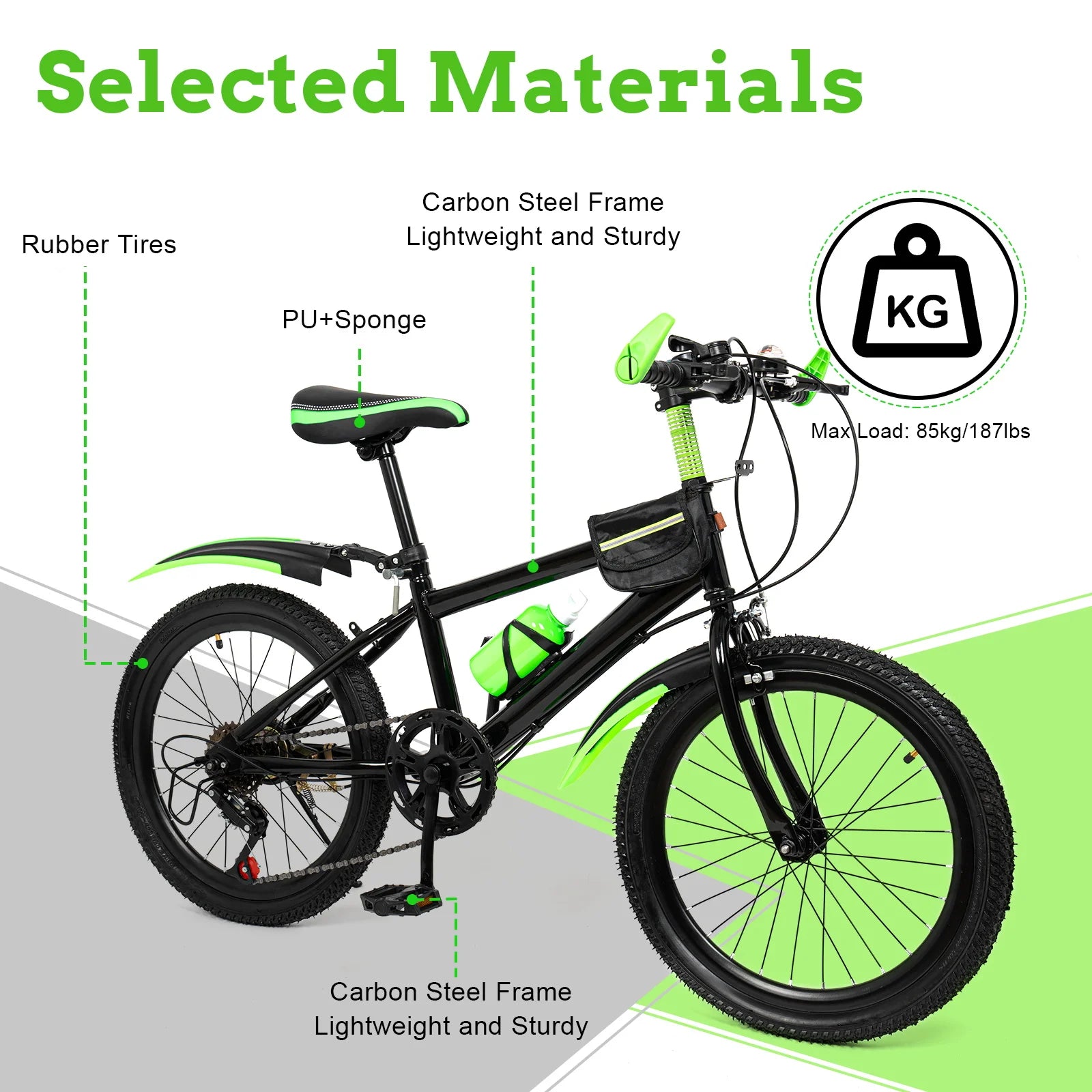20 Inch Mountain Bike 7 Speed Gears, Adjustable Seat Kids' Bike with Mudguards Kettle Holder Kettle for Boys Girls 8-13 years Main image