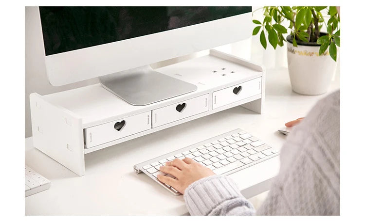 Pink White Student Storage Rack Heart Drawers Monitor Laptop Increase Shelf Office Screen Riser Holder Stationery Pen Storage