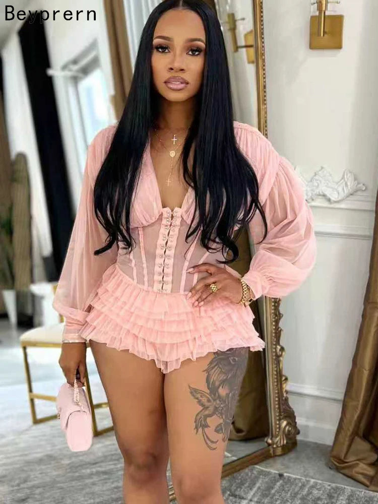 Beyprern Sexy Black Mesh Corset Jumpsuit Women Gothic Ruffle Layered Rompers Long Sleeve Sheer Bodysuit Nightclub Party Outfits Main image