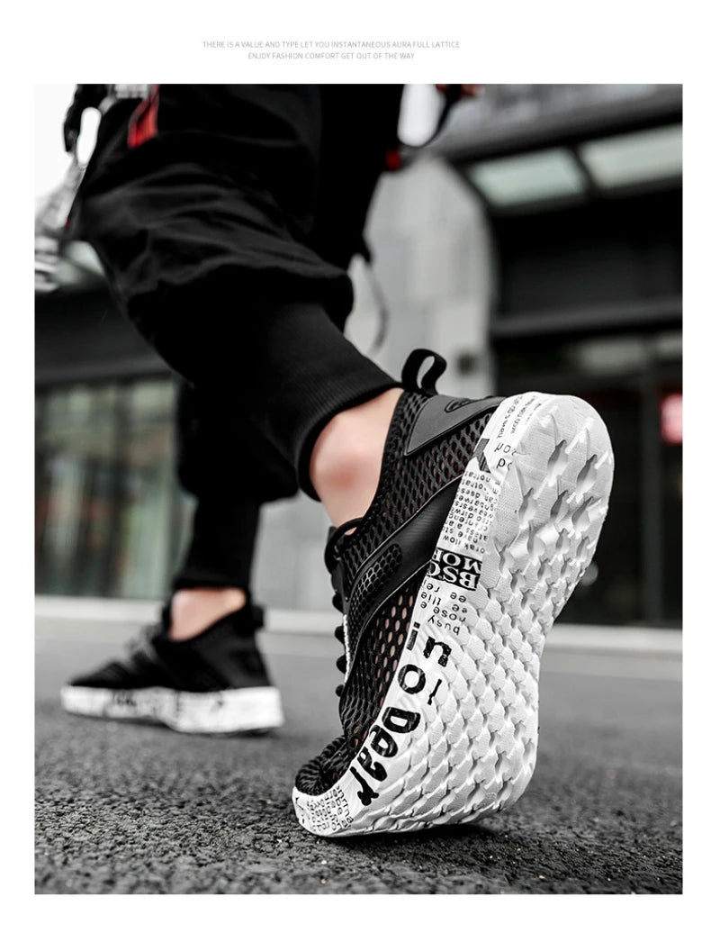 Summer Mens Black Hollow Mesh Sneakers Fashion Breathable Lightweight Casual Walking Shoes Printed Sole Outdoor Sports Footwear