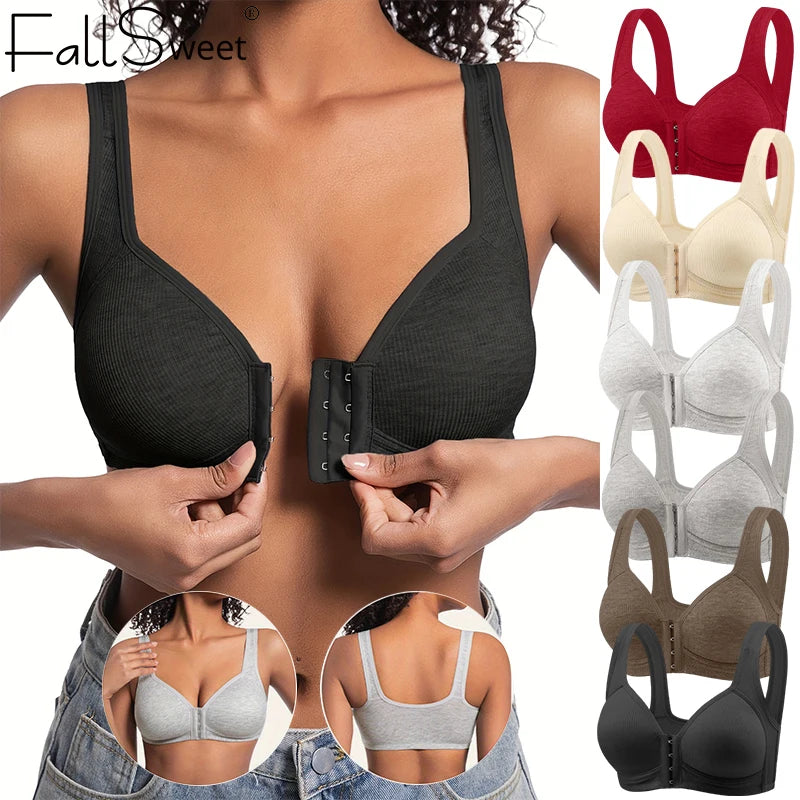 Fallsweet Seamless Front Closure Bra For Women Solid Wire-Free Push Up Bralette Full Coverage Fixed Cups Comfortable Underwear Main image